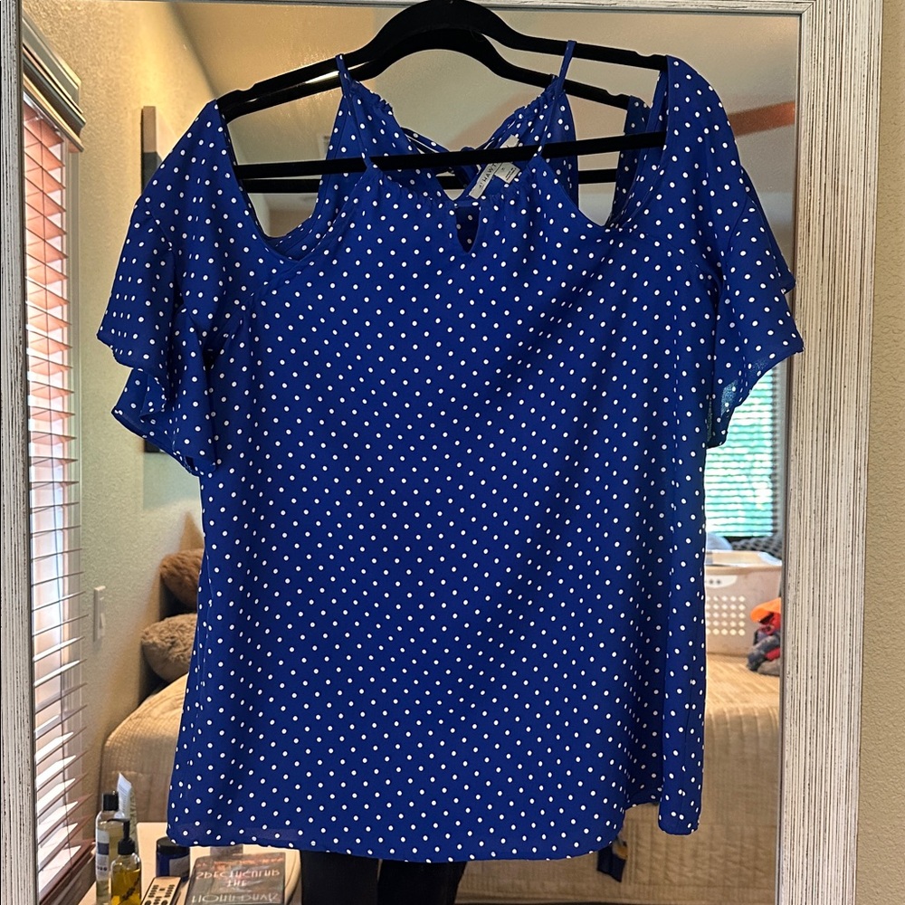 Hawthorn Blue Polka Dot Cold Shoulder Blouse